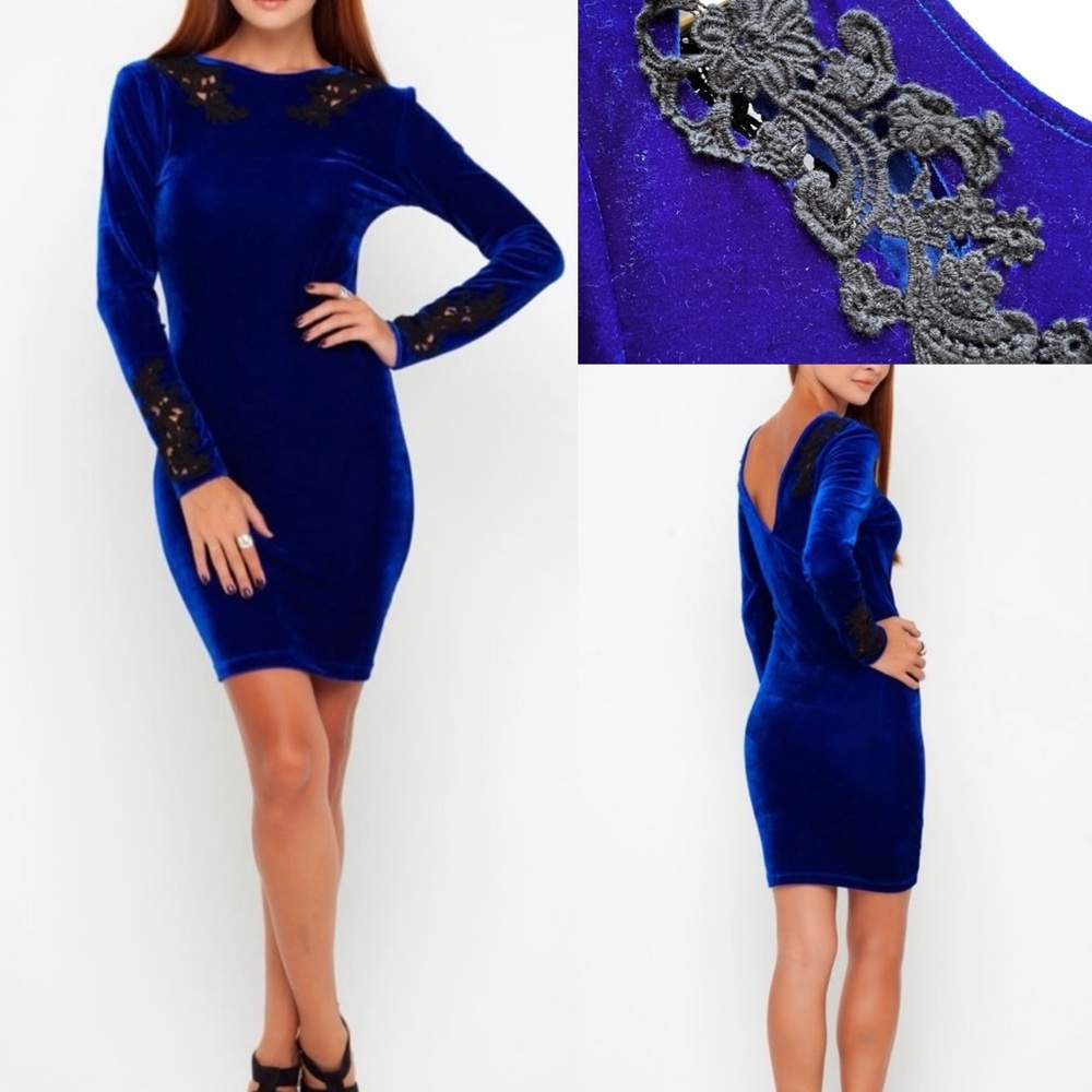 Motel Rocks Gina Dress Blue Velvet Black Lace Crochet  Medium Backless